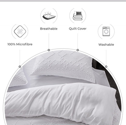 100% Premium Tufted Microfibre Quilt Cover Set - Ultra-Soft, Durable Embroidery Bedding Comforter Set - Machine Washable & Zipper Closure - White - Super King