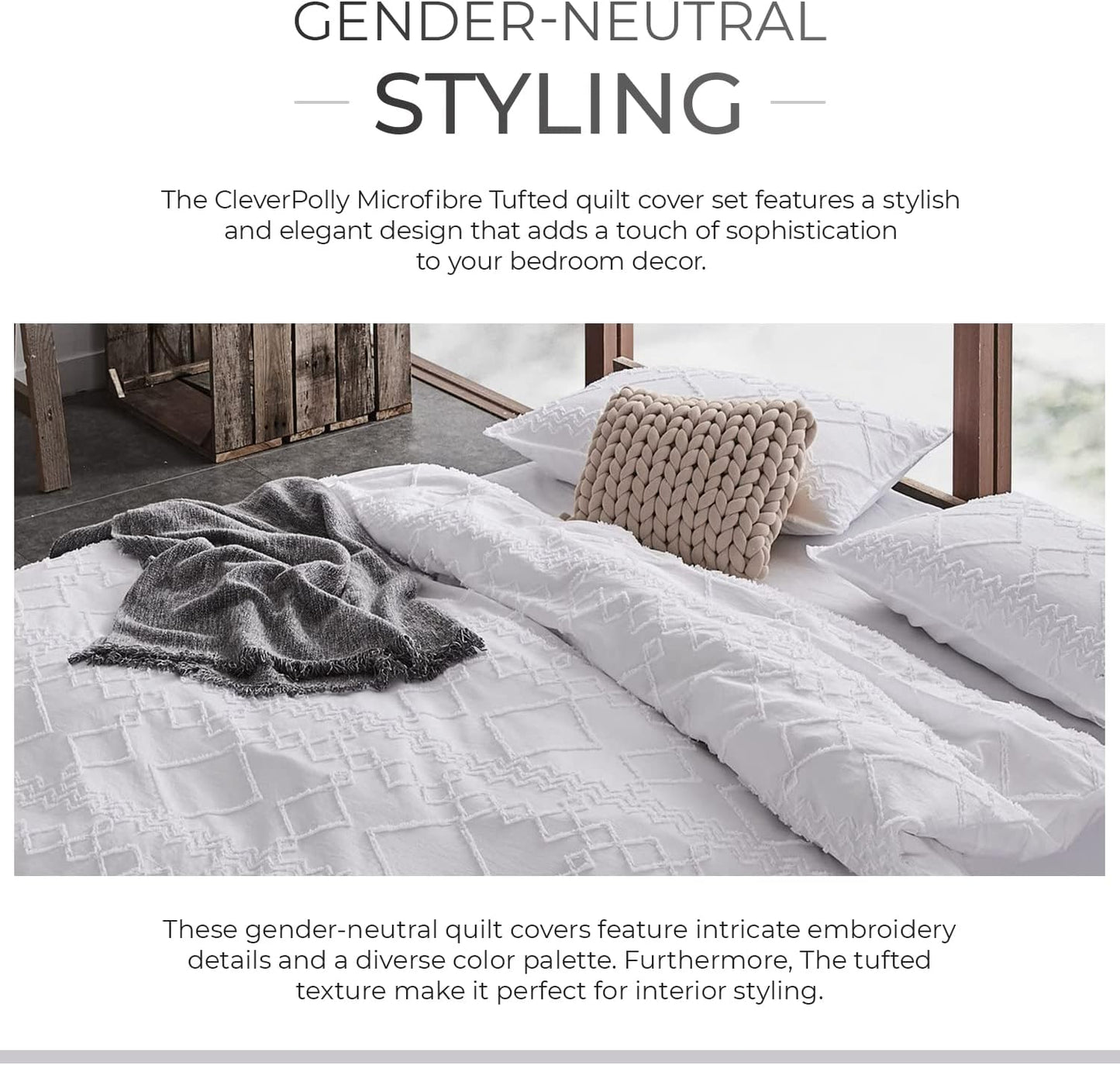 100% Premium Tufted Microfibre Quilt Cover Set - Ultra-Soft, Durable Embroidery Bedding Comforter Set - Machine Washable & Zipper Closure - White - Super King