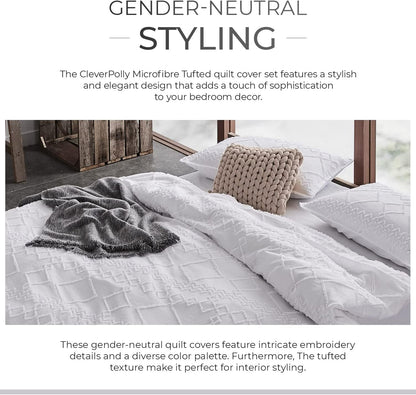100% Premium Tufted Microfibre Quilt Cover Set - Ultra-Soft, Durable Embroidery Bedding Comforter Set - Machine Washable & Zipper Closure - White - Super King