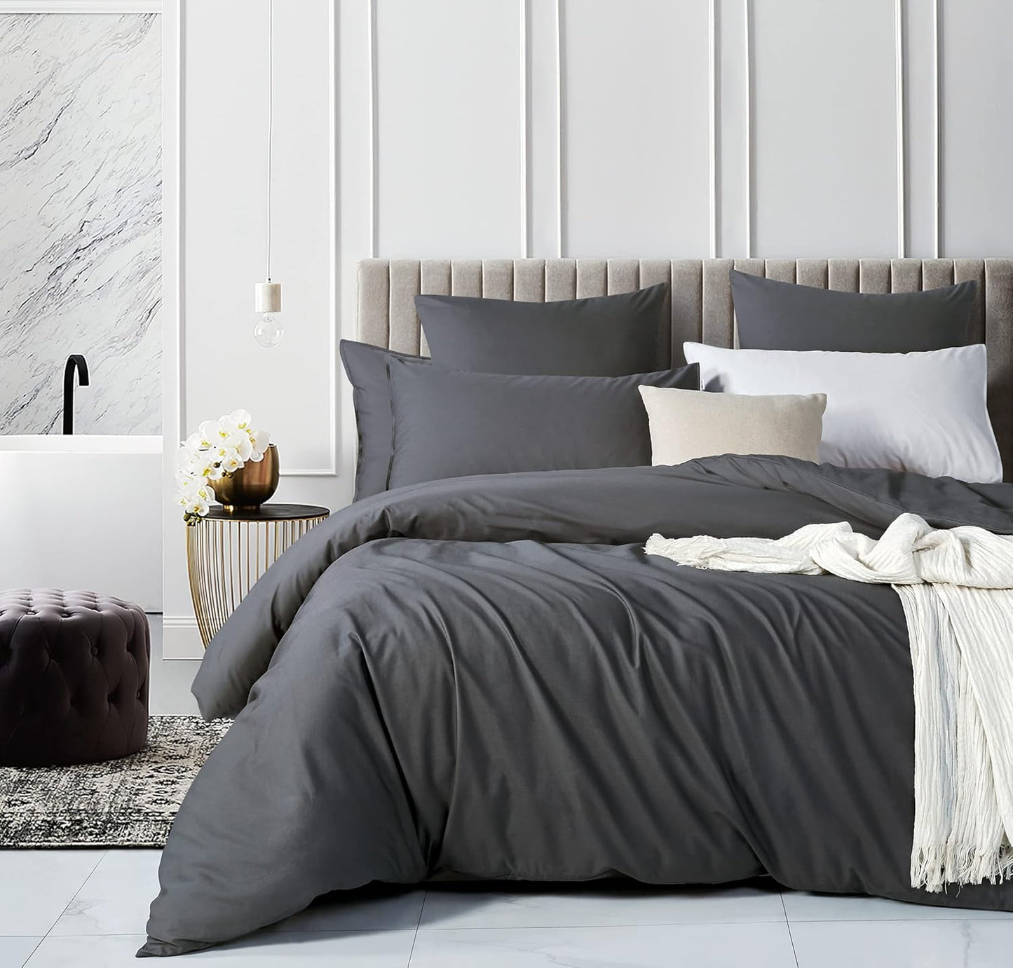 100% Cotton Vintage Washed Bed Quilt Cover Set - Charcoal - Super King Size