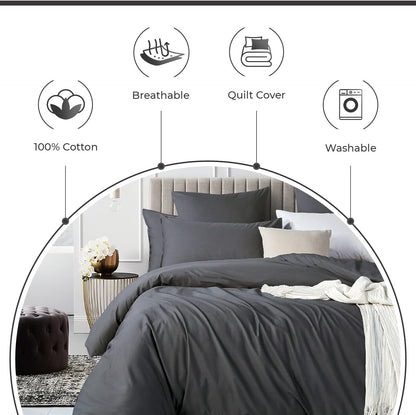 100% Cotton Vintage Washed Bed Quilt Cover Set - Charcoal - Super King Size