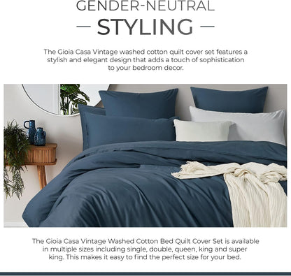 100% Cotton Vintage Washed Bed Quilt Cover Set - Dark Indigo - Super King Size