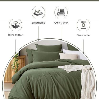 100% Cotton Vintage Washed Bed Quilt Cover Set - Khaki Green - Super King Size