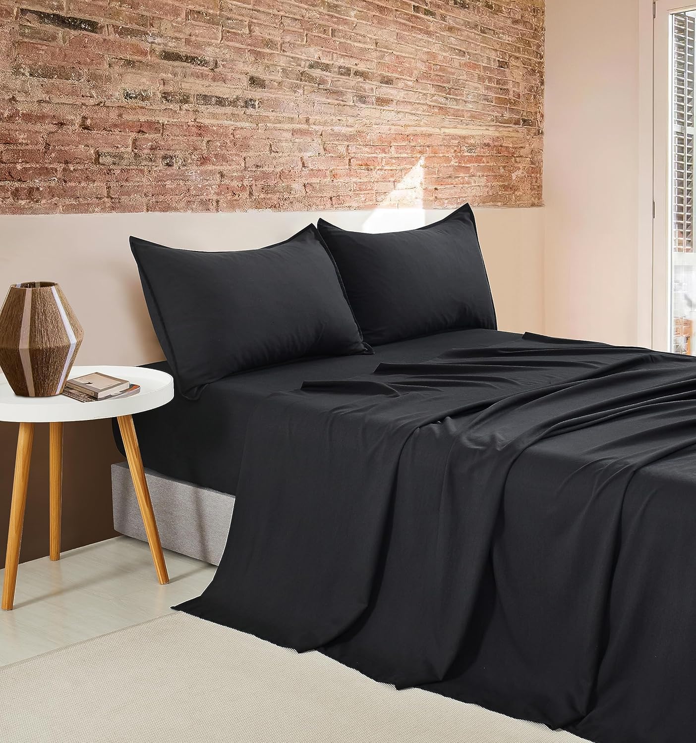 Vintage Washed Microfibre Sheet Set with 2 Pillowcases - Black - Super King