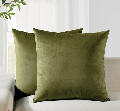 Twin-Pack Velvet Cushion Covers - Soft Microfibre Cushion Covers with Hidden Zipper (Olive Green, 45cm*45cm)
