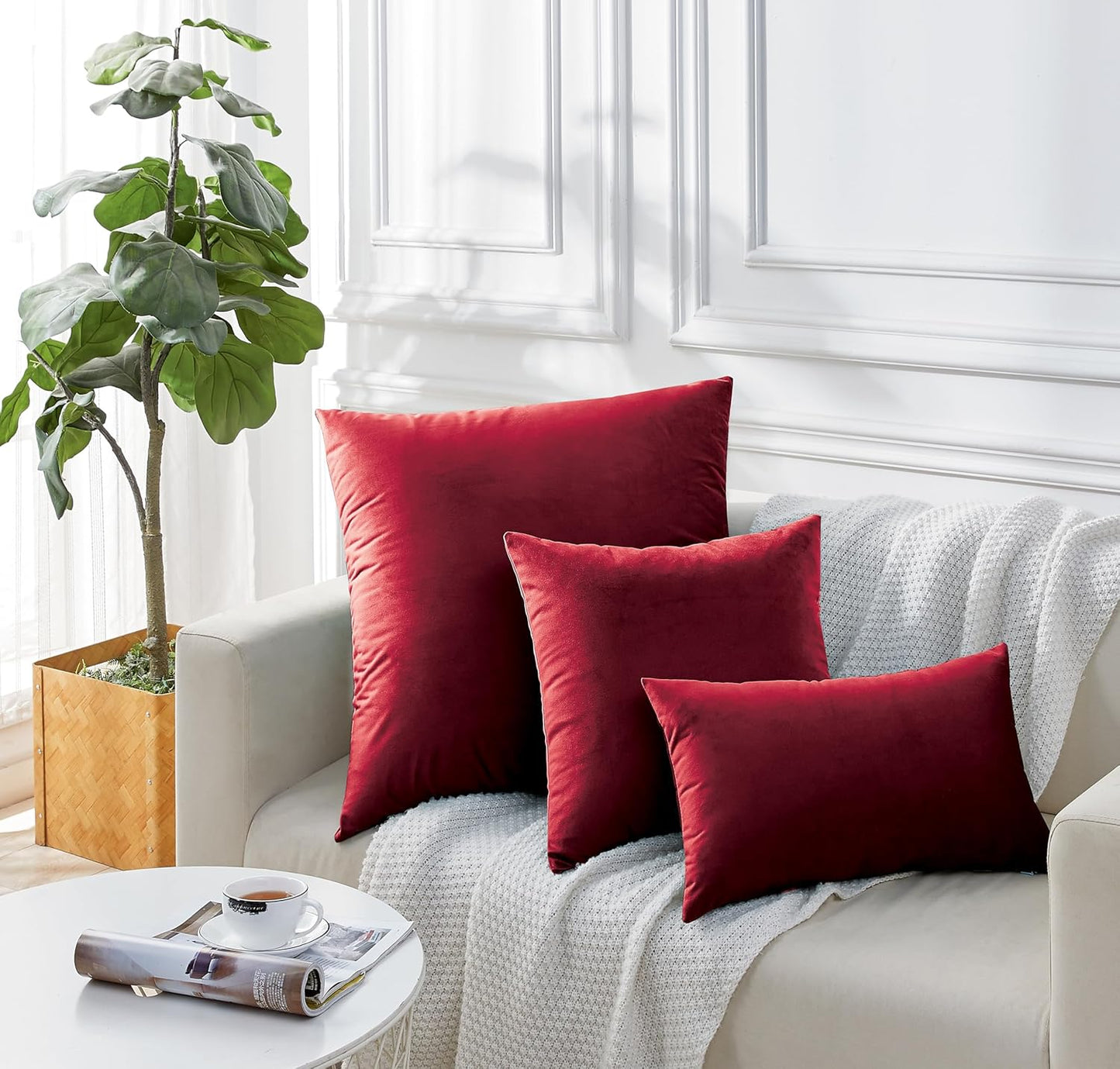Twin-Pack Velvet Cushion Covers - Soft Microfibre Cushion Covers with Hidden Zipper (Red, 45cm*45cm)