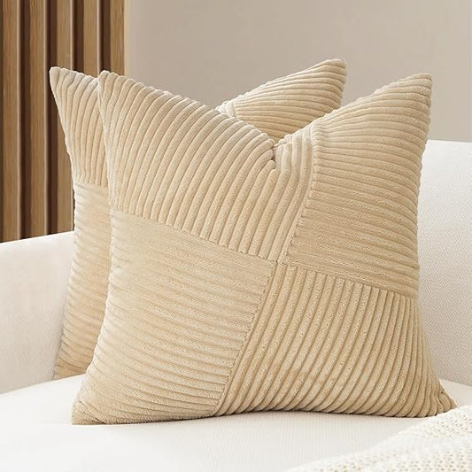Corduroy Cushion Covers - Soft Velvet Fabric with Windmill-Inspired Pattern and Hidden Zipper Design - Beige, 45cm x 45cm (Twin Pack)