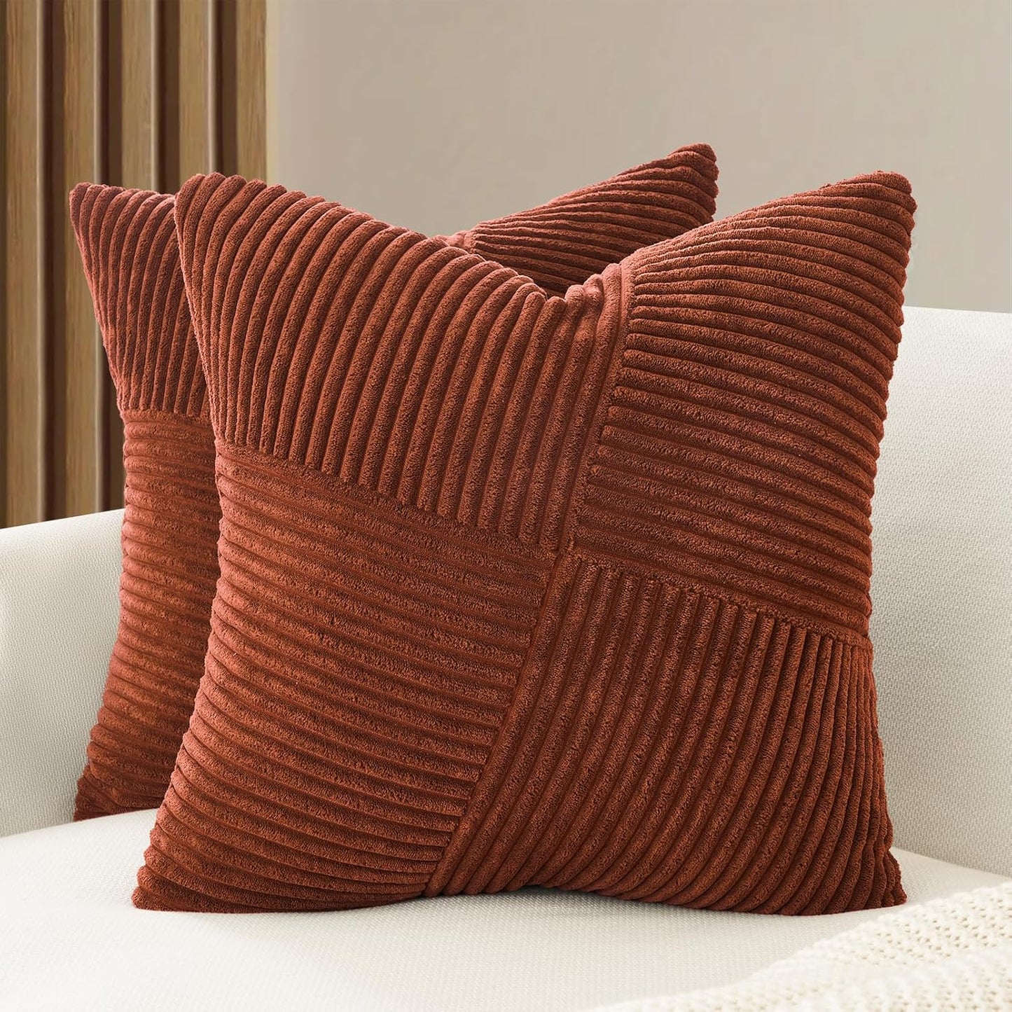 Corduroy Cushion Covers - Soft Velvet Fabric with Windmill-Inspired Pattern and Hidden Zipper Design - Brick, 45cm x 45cm (Twin Pack)