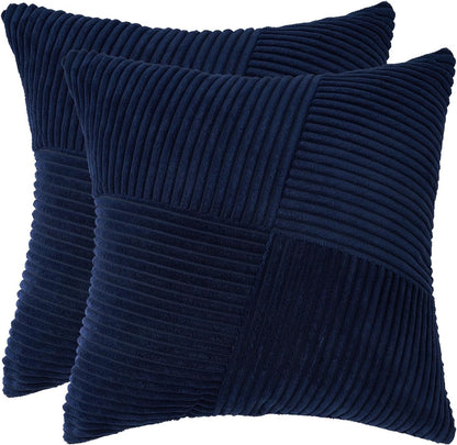 Corduroy Cushion Covers - Soft Velvet Fabric with Windmill-Inspired Pattern and Hidden Zipper Design - Navy Blue, 45cm x 45cm (Twin Pack)