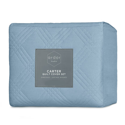 Ardor Carter Mineral Blue Embossed Vintage Washed Geometric Quilt Cover Set Queen