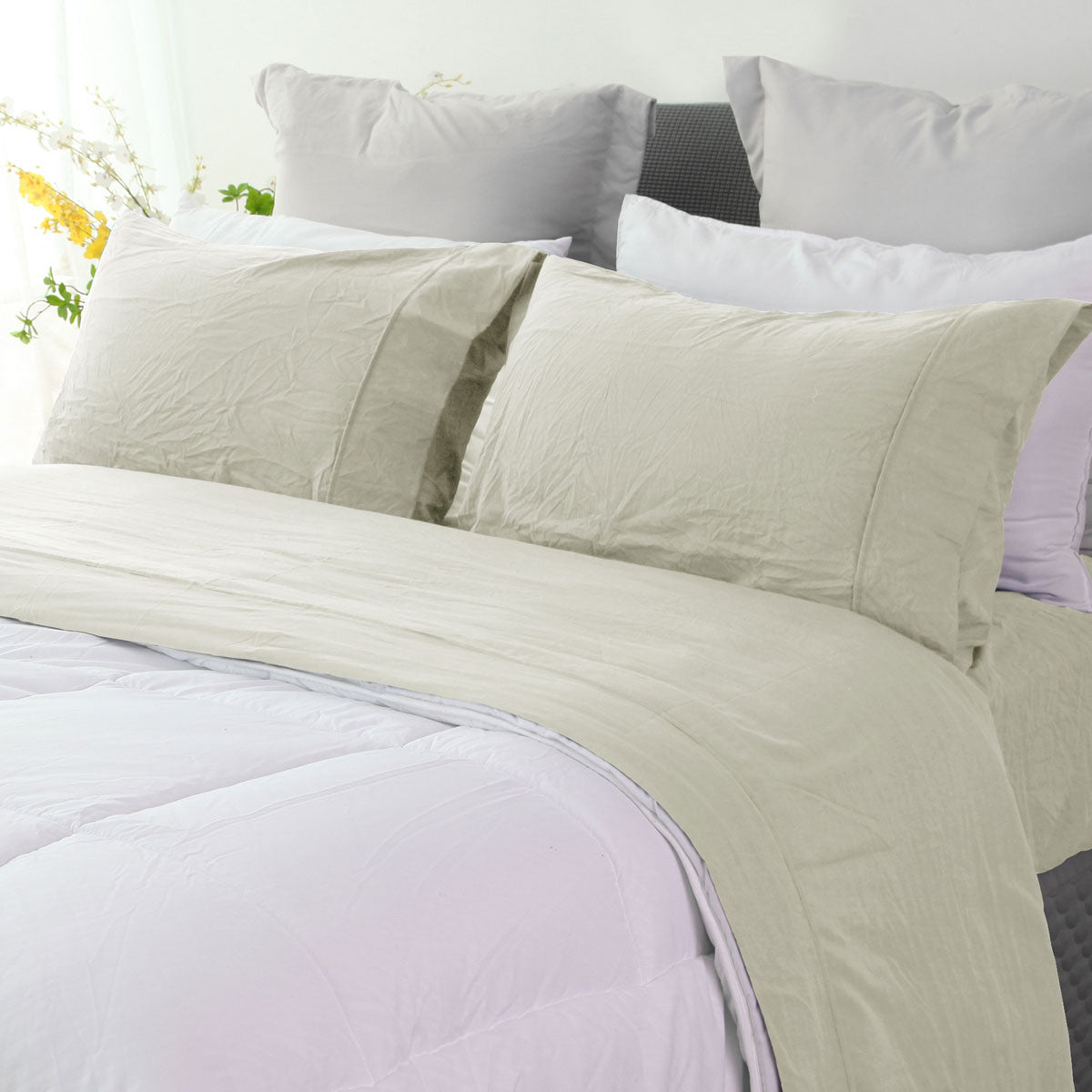 Ramesses Oatmeal Pebble Wash Linen Look Alternative Sheet Set Double