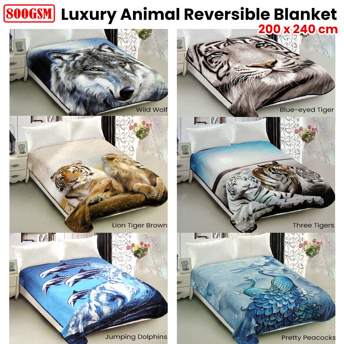 800GSM Luxury Reversible Animal Pattern Mink Blanket Queen 200 x 240 cm Prowling Leopard