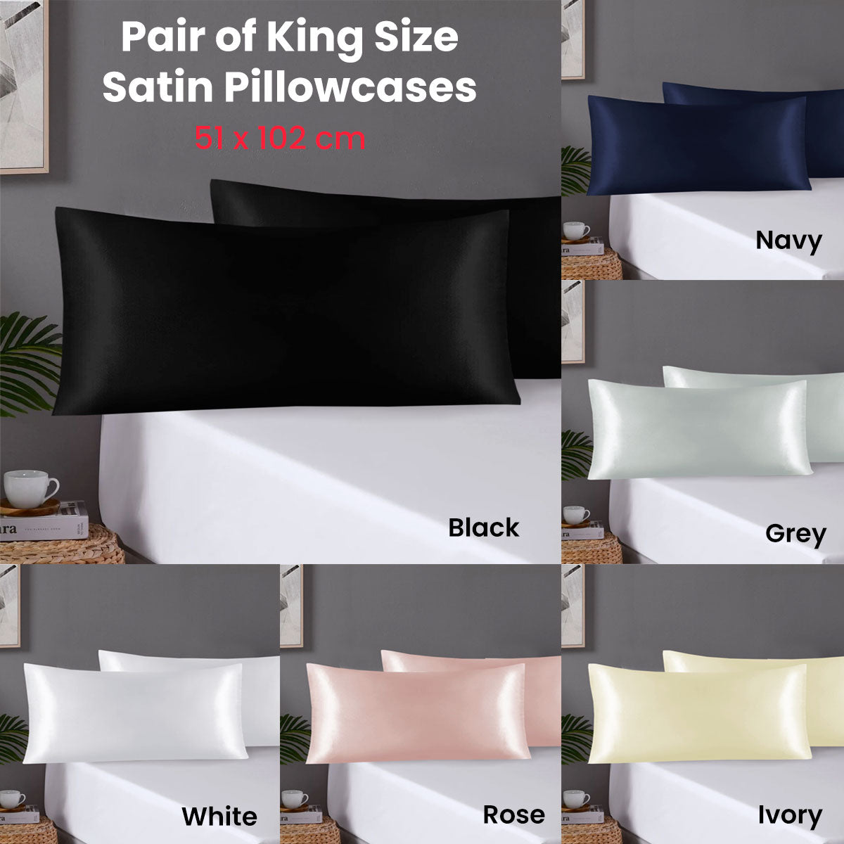 Pair of King Satin Silk Pillowcases with Envelope Closure 51 x 102 cm Ivory