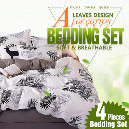 Palm Leaves Pattern Aloe Cotton Flat Sheet Quilt Cover Pillowcases 4pcs Bedding Set (King)
