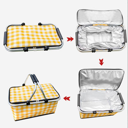 Collapsible Outdoor Camping Portable Insulated Picnic Basket Camping Picnic Ice Pack(Yellow Grid)