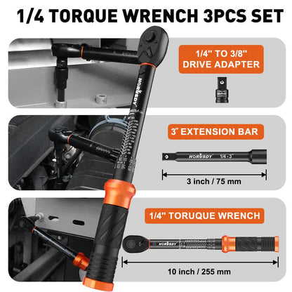 3Pc 1/4" Drive Click Torque Wrench Ratchet Socket Adaptor Extension WorkShop