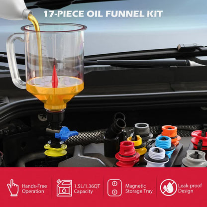 17-Piece Engine Oil Funnel Set 12 Adapters Elbow Fitting Magnetic Storage Tray