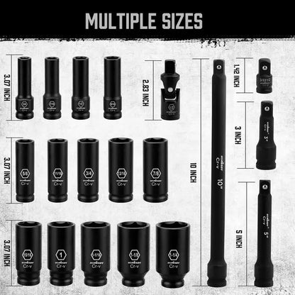 18Pc Deep Impact Socket Set Imperial / SAE Extension Flexible Adaptor 1/2" Drive