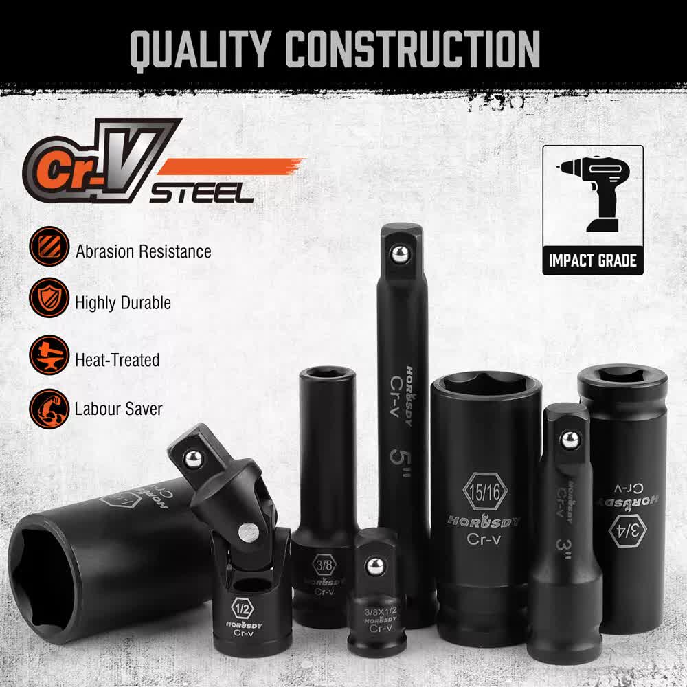 18Pc Deep Impact Socket Set Imperial / SAE Extension Flexible Adaptor 1/2" Drive