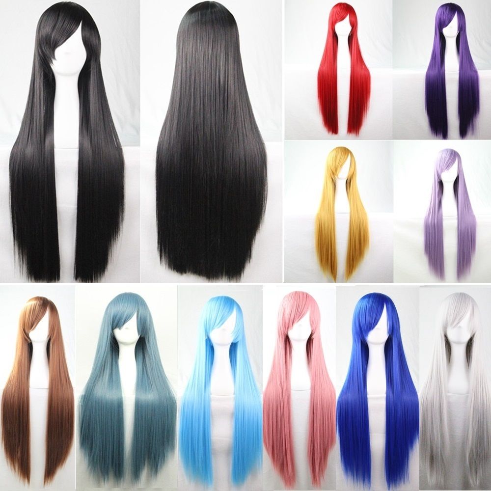 New 80cm Straight Sleek Long Full Hair Wigs w Side Bangs Cosplay Costume Womens, Brown