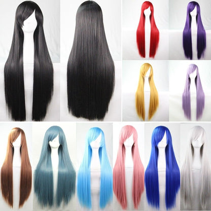 New 80cm Straight Sleek Long Full Hair Wigs w Side Bangs Cosplay Costume Womens, Black