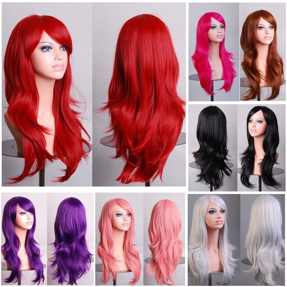 70cm Wavy Curly Sleek Full Hair Lady Wigs w Side Bangs Cosplay Costume Womens, Pink