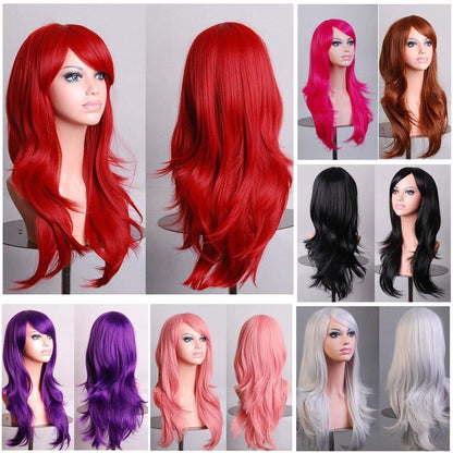 70cm Wavy Curly Sleek Full Hair Lady Wigs w Side Bangs Cosplay Costume Womens, Pink