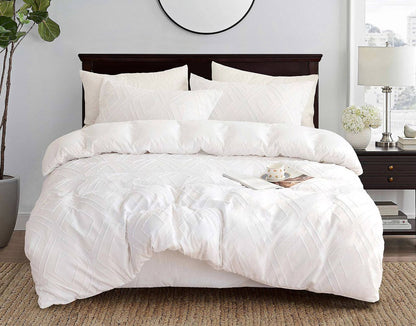 Tufted Diamond Jacquard Queen Size White Duvet Quilt Cover Set