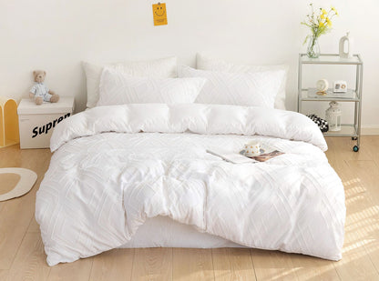Tufted Diamond Jacquard Queen Size White Duvet Quilt Cover Set