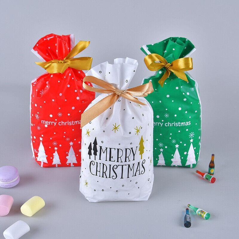 10pcs Christmas Candy Bags Gift Treat Drawstring Pouches Biscuit Cookie Packaging - 10Pcs Bag-White House