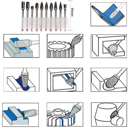 10PCS Tungsten Carbide Rotary Burr Set for Rotary Tools and Dremel - Blue Box