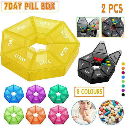 Weekly Pill Organiser 7 Day Medicine Box Tablet Case Dispenser 2 Pack - Black