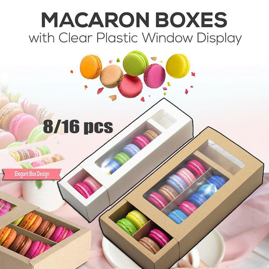 25Pcs White/Kraft Macaron Boxes 8/16 Hold Rectangular Favour Bomboniere Cookie - White 16 Hold