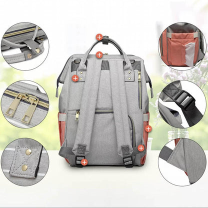 Luxury Multifunctional Diaper Nappy Backpack Maternity Mummy Changing Bag - Pink Gray