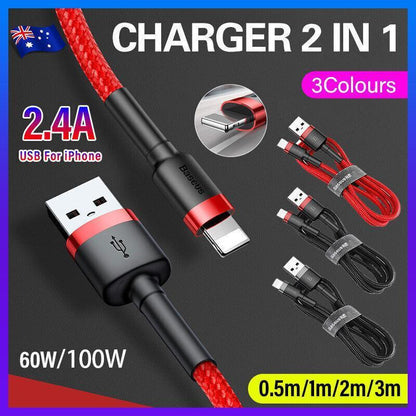 Grey Black Genuine BASEUS 2.4A USB to Lighting Charging Cable Cord for iPhone 13 12 Pro XS - 2 m