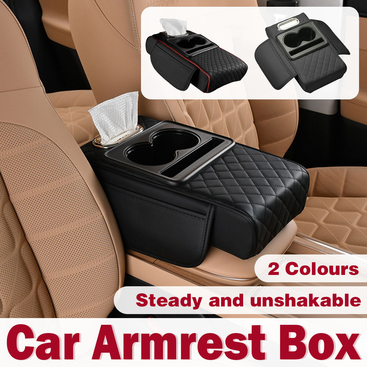 Car Armrest Pad Central Console Storage Box Lift Cushion Rest Support Organizer - Black Red