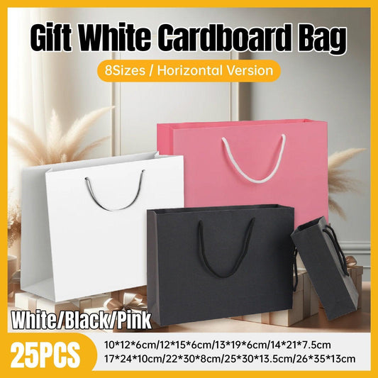 25X Kraft Paper Bags Gift Shopping Bag Carry White Pink Black Bag With Handles - Pink-26-35-13
