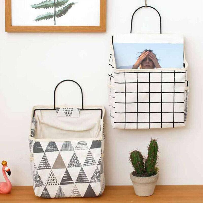 Wall Hanging Storage Bag Home Wardrobe Organiser Pouch Book Holder Phone Pocket - Black Grid