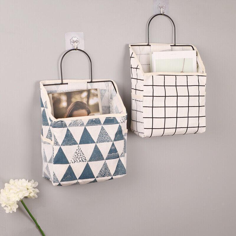 Wall Hanging Storage Bag Home Wardrobe Organiser Pouch Book Holder Phone Pocket - Black Grid