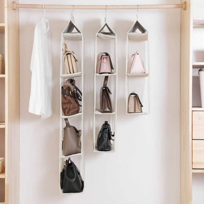 Beige Bag Storage Holder Wardrobe Closet Hanging Handbag Organizer 2/3/4 Pockets - 3 Layers