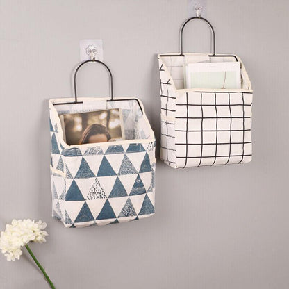 Wall Hanging Storage Bag Home Wardrobe Organiser Pouch Book Holder Phone Pocket - White Grid