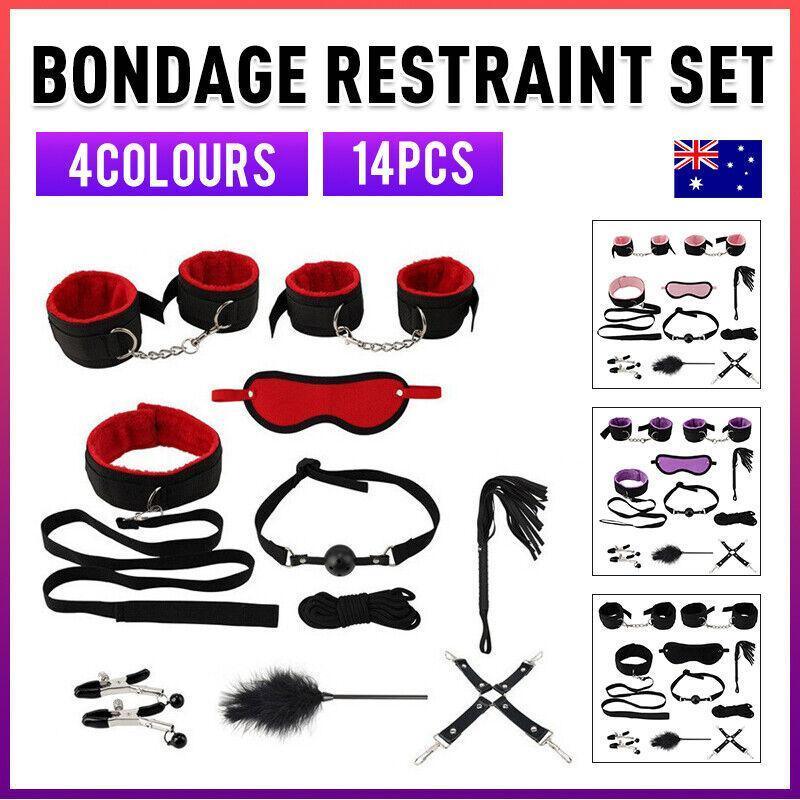 14Pcs Bondage Set Bdsm Restraint Ball Gag Fetish Handcuffs Couples Sex Whip Toy - Black