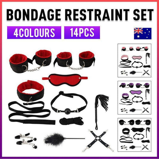 14Pcs Bondage Set Bdsm Restraint Ball Gag Fetish Handcuffs Couples Sex Whip Toy - Black