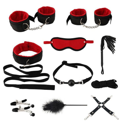 14Pcs Bondage Set Bdsm Restraint Ball Gag Fetish Handcuffs Couples Sex Whip Toy - Black