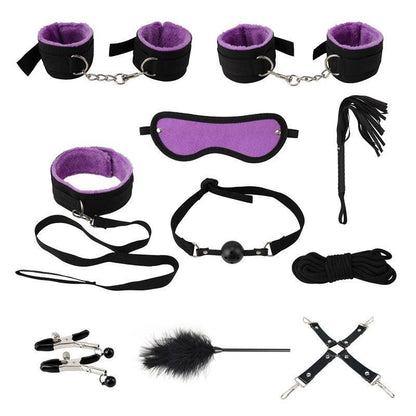 14Pcs Bondage Set Bdsm Restraint Ball Gag Fetish Handcuffs Couples Sex Whip Toy - Black