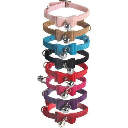 1× Adjustable Suede Cat Collar with Bow Bell Pink Blue Black Red - Blue