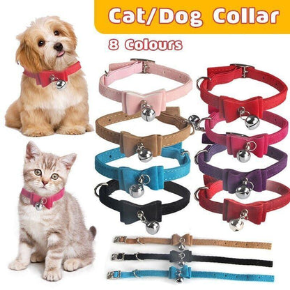 1× Adjustable Suede Cat Collar with Bow Bell Pink Blue Black Red - Brown