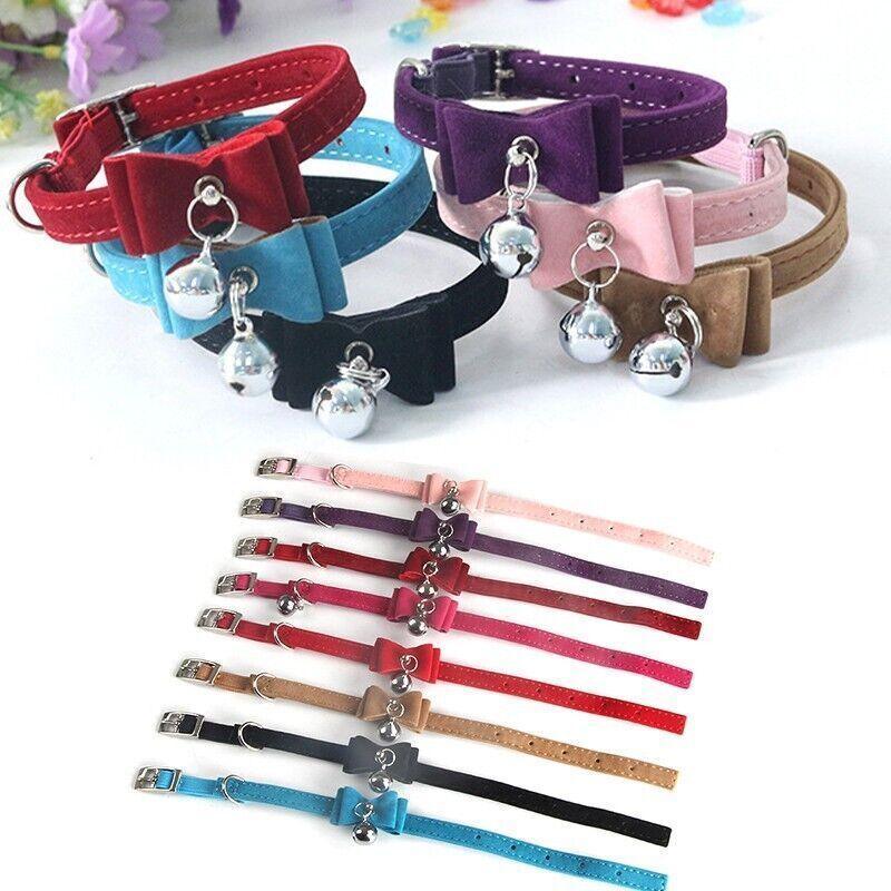 1× Adjustable Suede Cat Collar with Bow Bell Pink Blue Black Red - Pink
