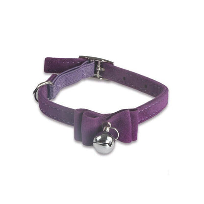 1× Adjustable Suede Cat Collar with Bow Bell Pink Blue Black Red - Pink