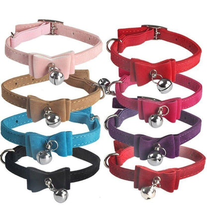 1× Adjustable Suede Cat Collar with Bow Bell Pink Blue Black Red - Red